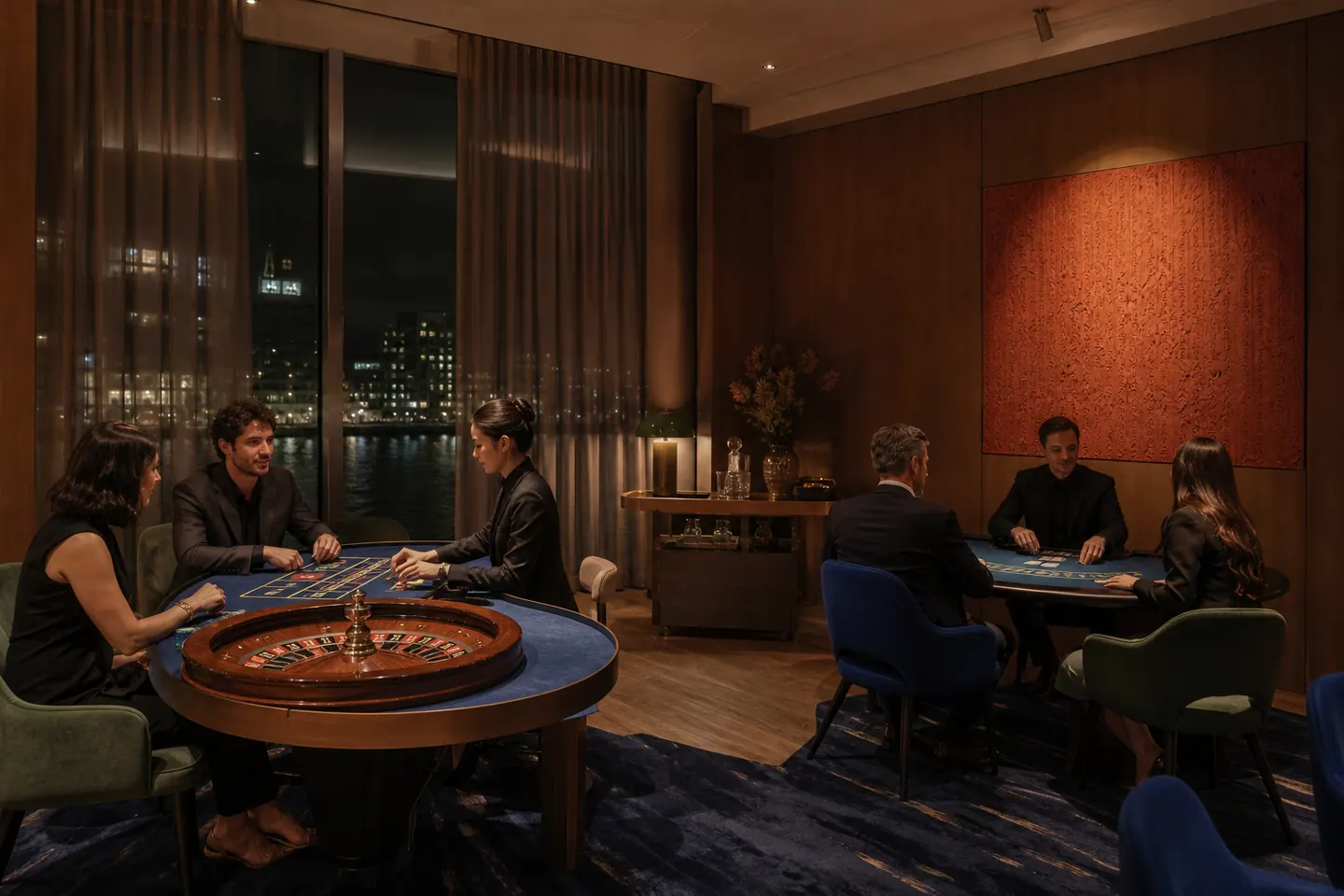 Besloten speelsalon met roulette, kaarttafel en persoonlijke bediening