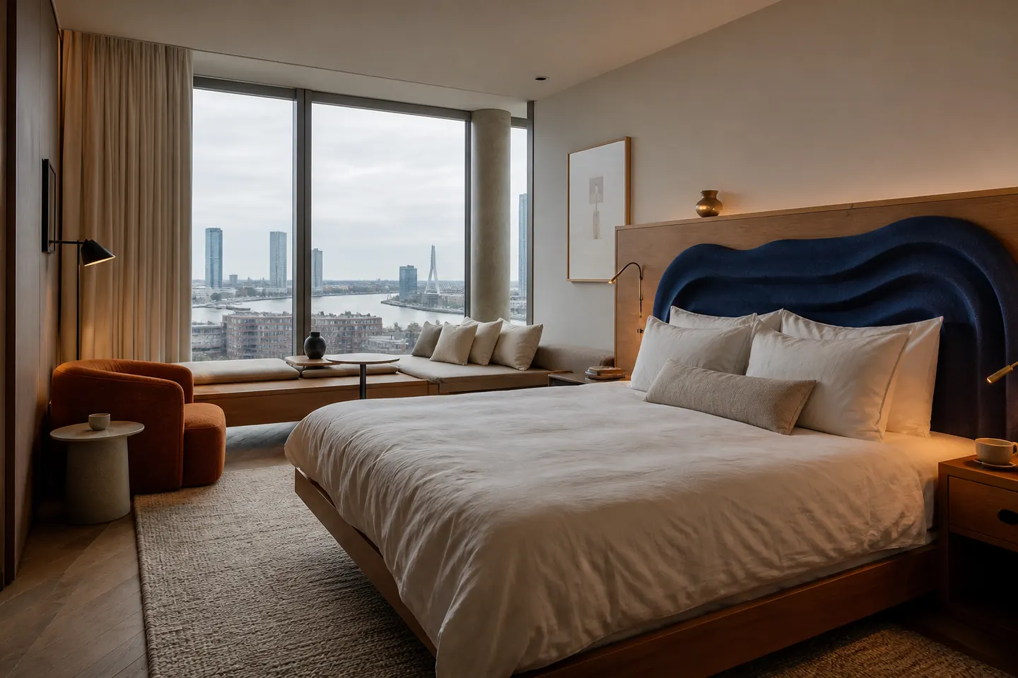 Lichte suite met een kobaltblauw hoofdbord en uitzicht op de Rotterdamse skyline